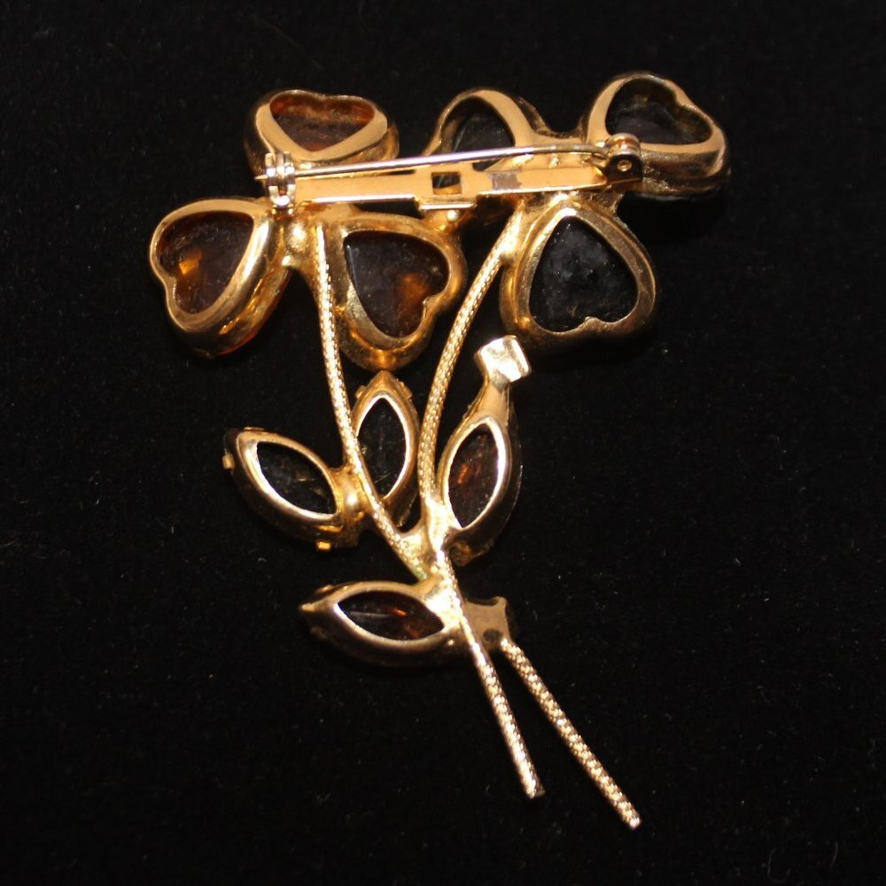 Vintage Amber Crystal and Black Galss Heart Shaped Flowers and Leaves Brooch - Picture 5 of 7